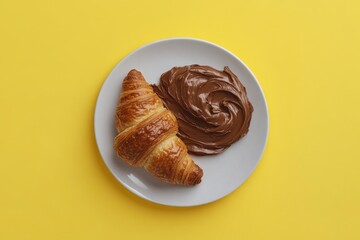 Fototapeta premium Golden Croissant and Chocolate Spread on Yellow Background