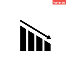 Black single financial graph with down arrow icon, simple business decline flat design pictogram vector for app ads web banner button ui ux interface elements isolated on white background