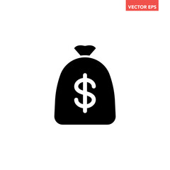 Black single dollar money bag icon, simple successful business graphic flat design interface, infographic element for ads app ui ux web banner button, vector isolated on white background