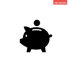 Black single piggy bank thin icon, simple financial money saving flat design vector pictogram, infographic interface elements for app logo web button ui ux isolated on white background