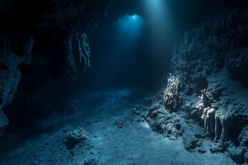 Soft beams of light penetrate the underwater cave, highlighting intricate rock formations and the serene marine environment. AI generative