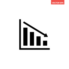 Black single financial graph with down arrow icon, simple business decline flat design pictogram vector for app ads web banner button ui ux interface elements isolated on white background
