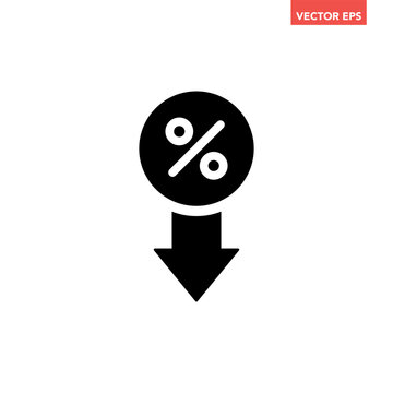 Black single percent rate down line icon, simple financial lower percent flat design pictogram, infographic interface elements for app logo web website button ui ux isolated on white background