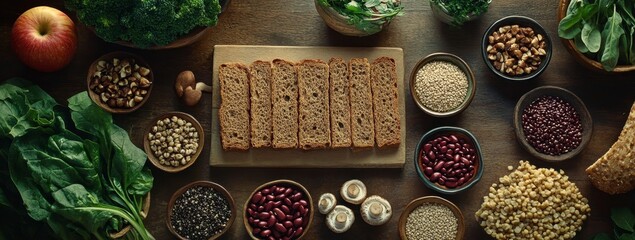Healthy Food Flatlay Overhead View of Nuts, Seeds, Beans and Greens on Rustic Surface