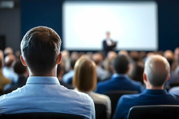 Obraz premium A diverse audience listening intently to a speaker at a corporate event, showcasing professional engagement and collaboration.