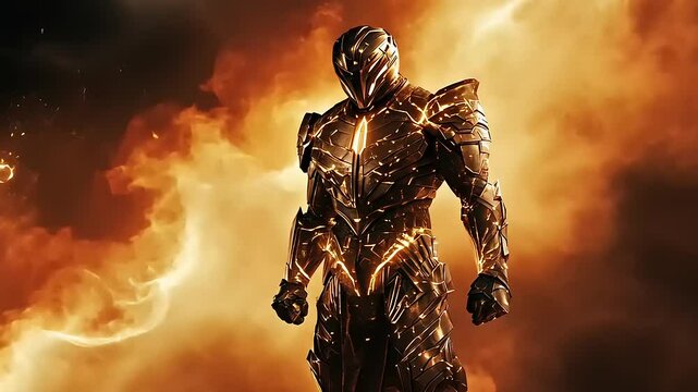 Futuristic armored warrior stands confidently amidst a fiery, dramatic backdrop, evoking power