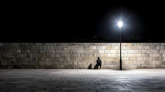Fototapeta Solitary Figure at Night by a Stone Wall