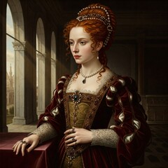 A woman is standing and looking at something.
