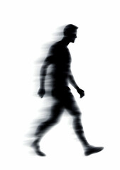 Fototapeta premium A blurred silhouette of a person walking, symbolizing motion, change, and the fleeting nature of time in everyday life.