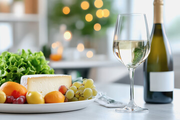 Elegant cheese platter with fresh fruit and a glass of wine on a chic dining table surrounded by delicate flowers