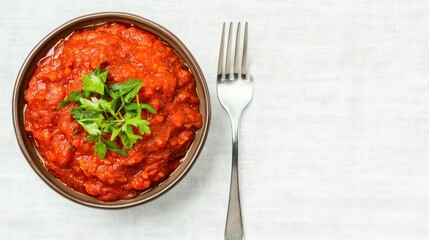 Rich red sauce served with a fork on a textured surface.
