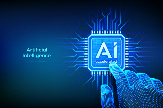 AI chip with the inscription AI Accelerated. Hand pressing on a CPU microchip. Concept of artificial intelligence technology. AI accelerated processor chip. Machine learning. Vector illustration.