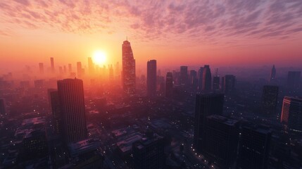 Fototapeta premium view on a huge city at dawn from a higher position from far away
