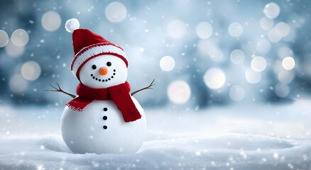 Fototapeta premium A cheerful snowman wearing a red hat and scarf stands amidst falling snow, capturing the essence of winter joy and holiday spirit.