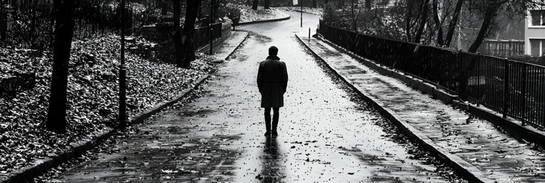 Fototapeta Solitary Figure Walking Down a Wet City Street in Black and White