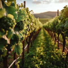 Fototapeta premium Rows of grape vines on a sunny vineyard hillside landscape