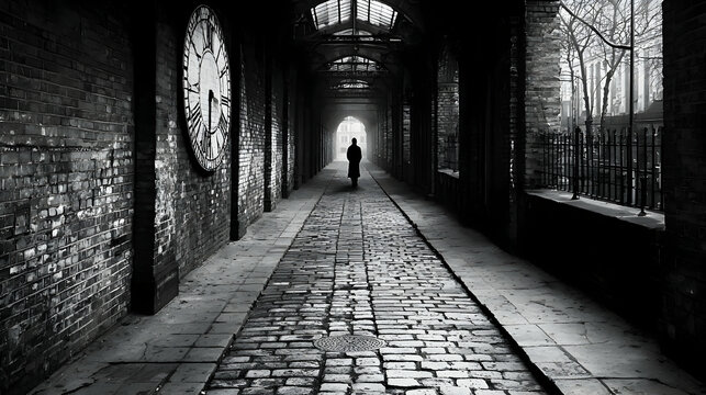 Fototapeta Solitary Figure Walking Through a Dark Brick Tunnel