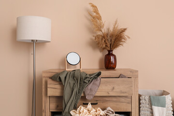 Vase with pampas grass and mirror on commode in dressing room