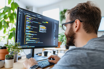 Focused programmer engaged in software testing with a dual monitor setup while working at a modern computer desk