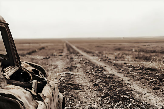 Rusty Car on a Desolate Dirt Road in Arid Landscape
