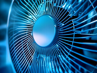 A close-up view of a modern electric fan with intricate design and a soothing blue light, perfect for illustrating cooling technology.