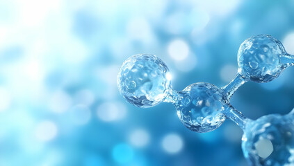 A close-up view of a water molecule showcasing its intricate structure and reflecting light in various shades of blue.