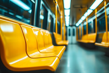 A close-up view of empty yellow subway seats, highlighting modern urban transit design in a bright and colorful environment.