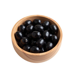 Close-up overhead shot of a wooden bowl full of dark, glossy berries against a black background.