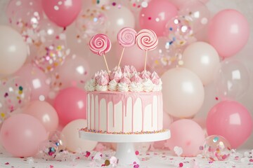 Pink Birthday Cake with Lollipops and Balloons