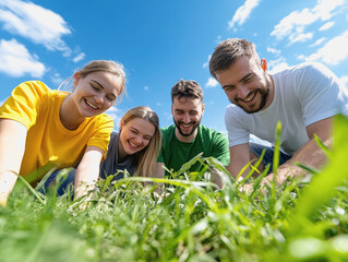 Fototapeta premium Family enjoying a relaxing day laying in the grass surrounded by nature and embracing the beauty of the outdoors