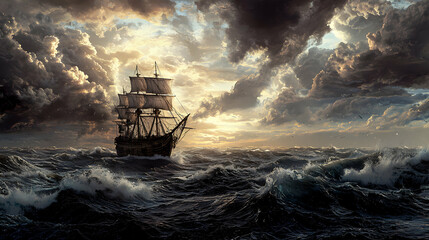 Vintage Sailing Ship Braving a Stormy Sea at Sunset