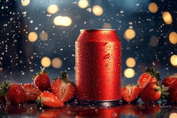 Red Soda Can and Strawberries A Refreshing Still Life