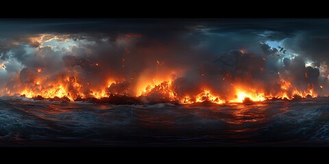 Burning ocean waves meeting turbulent sky with stormy weather phenomena