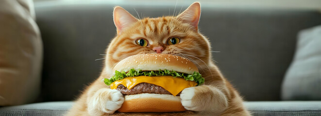 A cute orange cat sits on a couch, happily holding a large burger, showcasing a whimsical blend of pets and food humor.