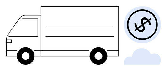 Delivery truck alongside a dollar sign and cloud, symbolizing transportation, logistics, freight shipping, e-commerce, delivery service efficiency, cost calculation, and sustainability. Flat simple