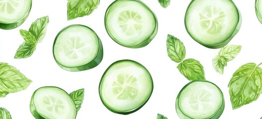 Refreshing Watercolor Pattern of Cucumber Slices and Mint Leaves