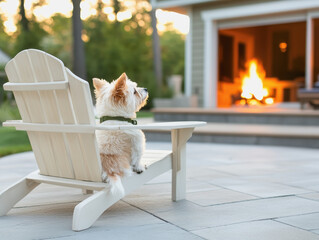 Cute dog sitting on a chair with hot dog on a table in a cozy backyard setting filled with warmth and love