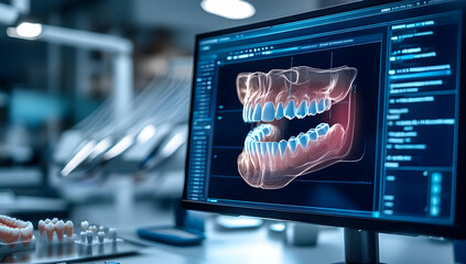 A digital monitor displaying a detailed 3D image of jaw anatomy, showcasing advanced dental technology and patient care.
