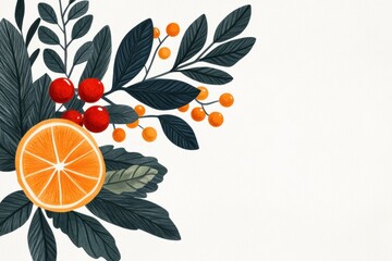A vibrant illustration featuring a sliced orange surrounded by colorful berries and lush green leaves.
