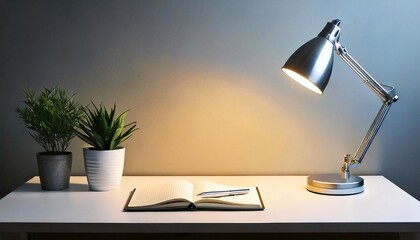 Warm Desk Lamp Light Illuminates Open Notebook & Succulents