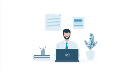 Man at desk with laptop: A modern workspace scene featuring a man at his desk, engrossed in his laptop. Papers and a potted plant adorn the area