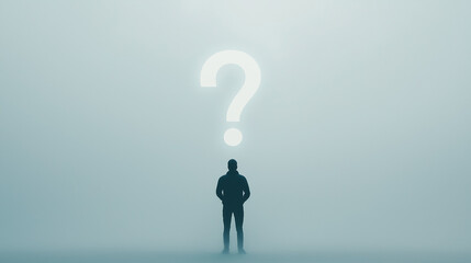 Navigating Uncertainty: A solitary figure stands dwarfed beneath a luminous question mark, symbolizing the complexities of decision-making. Evokes mystery and introspection.