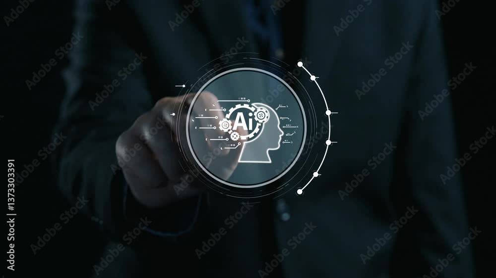 Poster human interact with ai artificial intelligence brain processor in concept of ai artificial intellige