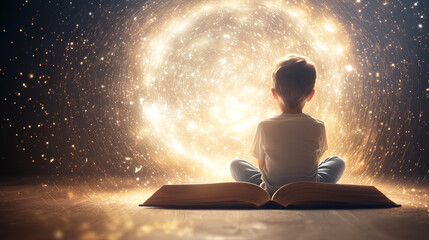 The Boundless Voyager: A child seated before an open book, gazing at a luminous cosmic spectacle, igniting the imagination and symbolizing the infinite potential of learning.