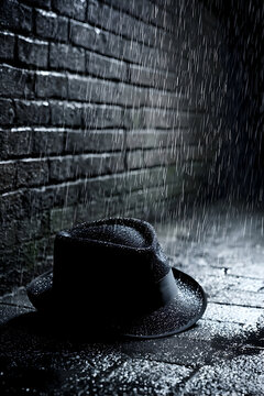 Fototapeta Wet Fedora Hat in a Dark Alleyway During Rain