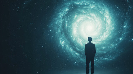Fototapeta premium Gazing into the Cosmos: A solitary figure stands in quiet contemplation before the swirling expanse of a luminous galaxy, a visual metaphor for exploration, wonder.