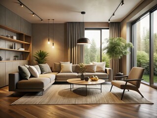 Modern Minimalist Living Room Low Light Photography - Neutral Decor, Natural Textures, Clean Lines