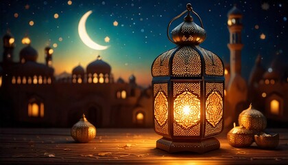 Ornate Lantern Glows, Crescent Moon Over Illuminated Mosque Cityscape