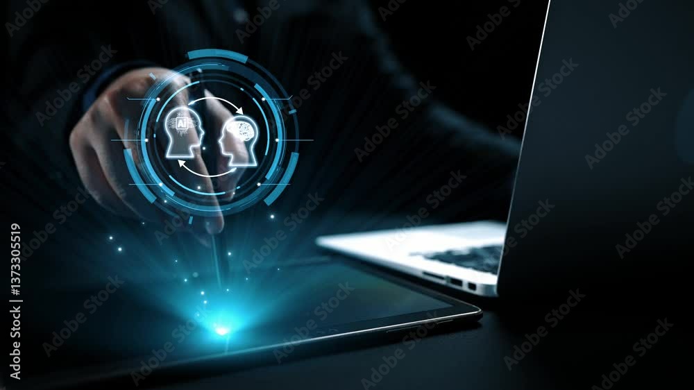 Poster human interact with ai artificial intelligence brain processor in concept of ai artificial intellige