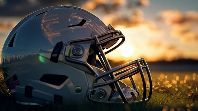 football helmet rests on grassy field at sunset. image symbolizes the end of a game or the close of season. Perfect for sports articles, blogs, or social media posts